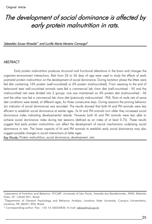 Cover of The development of social dominance is affected by early protein malnutrition in rats.