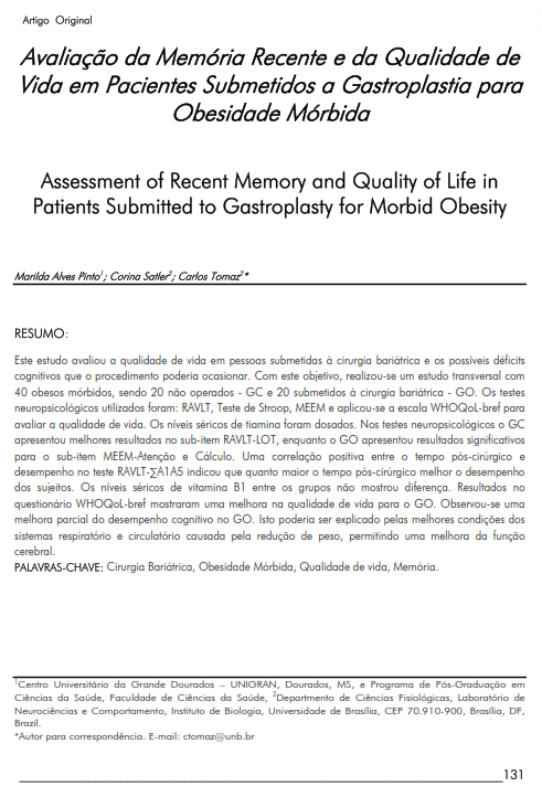 Cover of Assessment of Recent Memory and Quality of Life in Patients Submitted to Gastroplasty for Morbid Obesity.