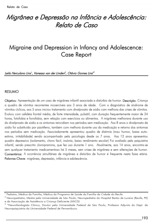 Cover of Migraine and Depression in Infancy and Adolescence: Case Report.