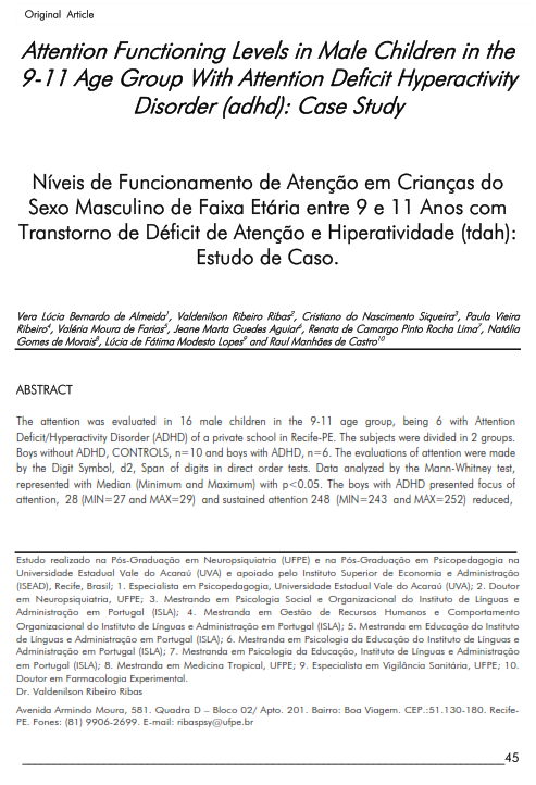 Cover of Attention Functioning  Levels in Male Children in the 9-11 Age Group With Attention Deficit Hyperactivity Disorder (adhd): Case Study.