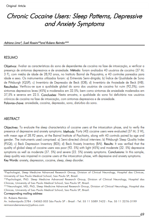 Cover of Chronic Cocaine Users: Sleep Patterns, Depressive and Anxiety Symptoms.