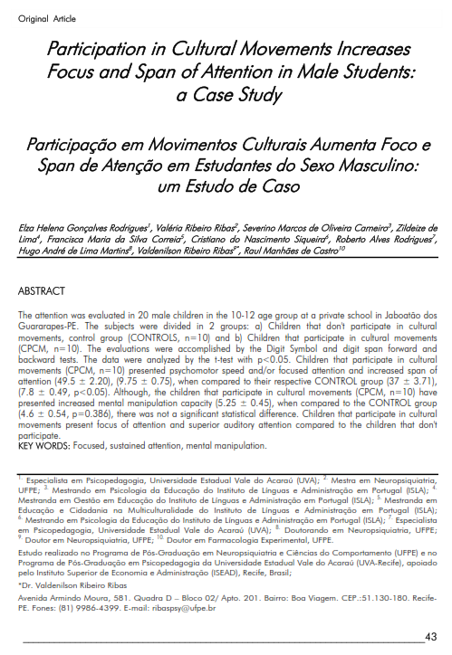 Cover of Participation in Cultural Movements Increases Focus and Span of Attention in Male Students: a Case Study.