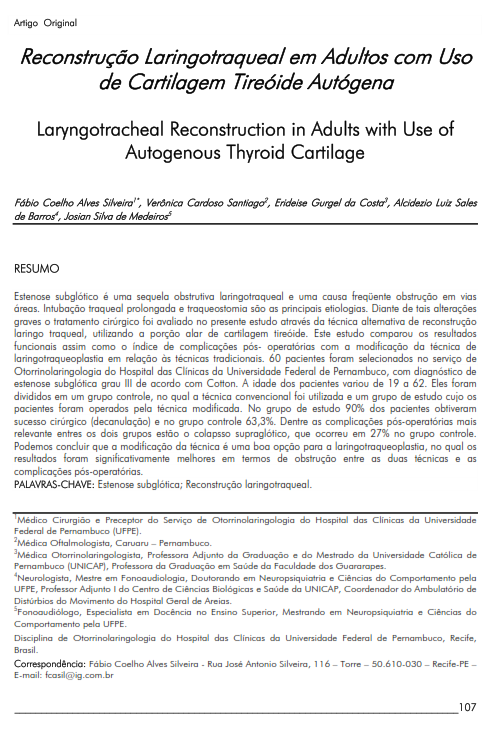 Cover of Reconstrução Laringotraqueal em Adultos com Uso de Cartilagem Tireóide Autógena