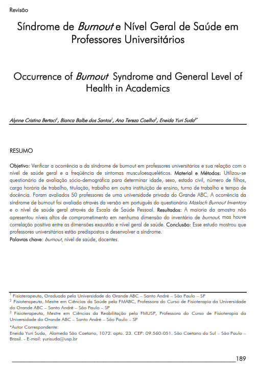 Cover of Occurrence  of Burnout Syndrome and General  Level of Health in Academics.