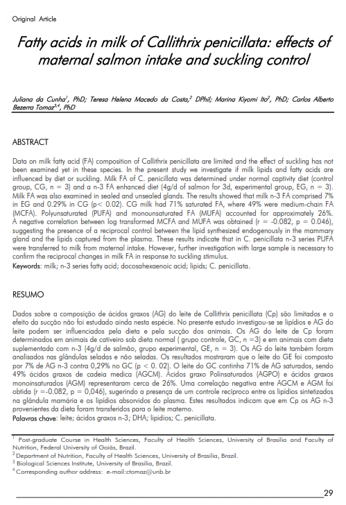 Cover of Fatty acids in milk of Callithrix penicillata: effects of maternal salmon intake and suckling control.