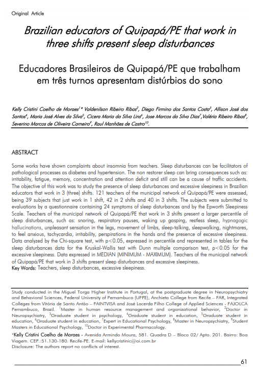 Cover of Brazilian educators of Quipapá/PE that work in three shifts present sleep disturbances.
