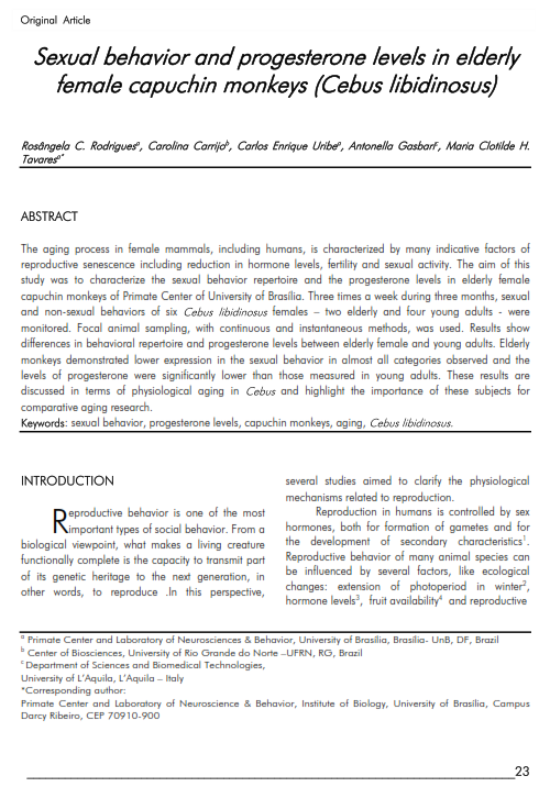 Cover of Sexual behavior and progesterone levels in elderly female capuchin monkeys (Cebus libidinosus)