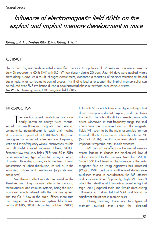 Cover of Influence of electromagnetic field 60Hz on the explicit and implicit memory development in mice