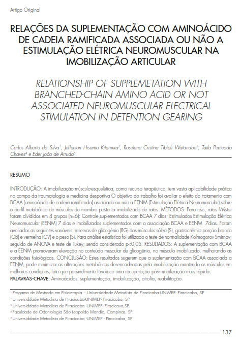 Cover of RELATIONSHIP OF SUPPLEMETATION WITH BRANCHED-CHAIN AMINO  ACID OR NOT ASSOCIATED NEUROMUSCULAR ELECTRICAL STIMULATION IN DETENTION GEARING