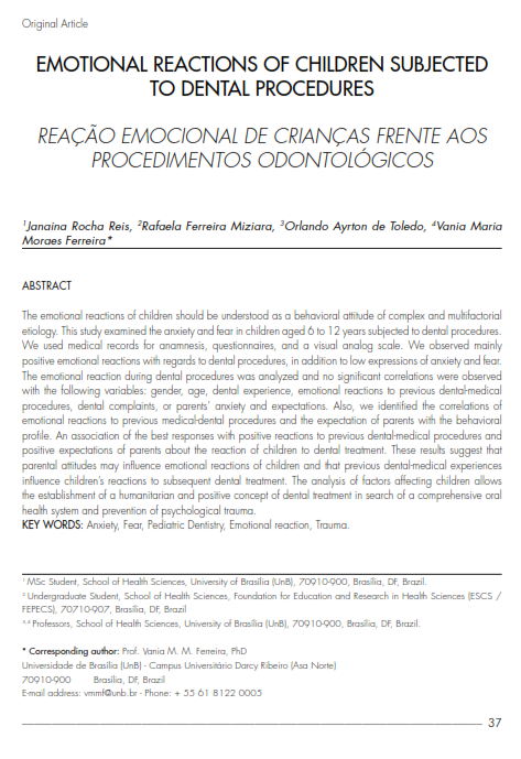 Cover of EMOTIONAL REACTIONS OF CHILDREN SUBJECTED TO DENTAL PROCEDURES