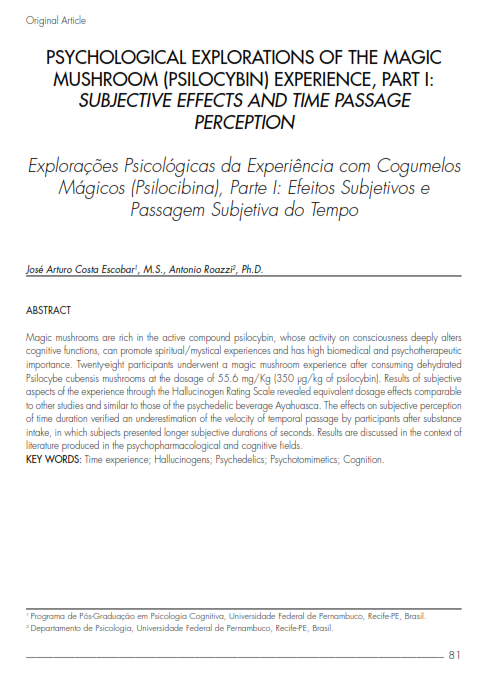 Cover of PSYCHOLOGICAL EXPLORATIONS OF THE MAGIC MUSHROOM (PSILOCYBIN)  EXPERIENCE,  PART I: SUBJECTIVE EFFECTS AND TIME PASSAGE PERCEPTION
