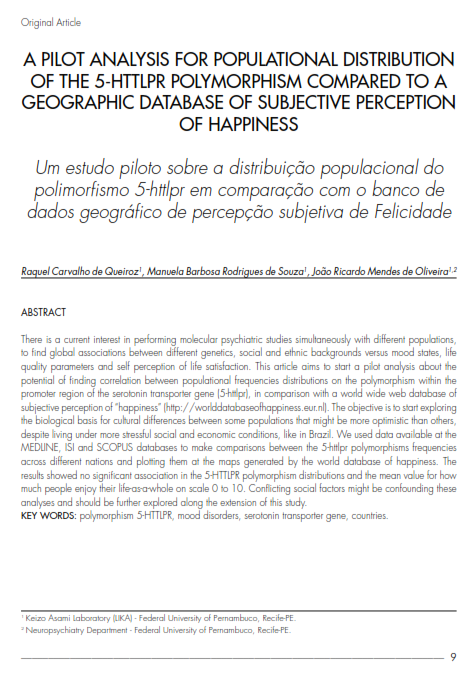 Cover of A PILOT ANALYSIS  FOR POPULATIONAL  DISTRIBUTION OF THE 5-HTTLPR POLYMORPHISM COMPARED TO A GEOGRAPHIC DATABASE OF SUBJECTIVE PERCEPTION OF HAPPINESS