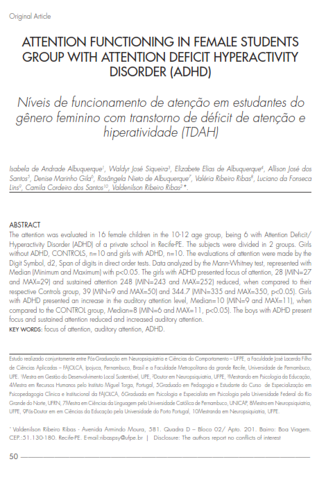 Cover of Níveis de funcionamento de atenção em estudantes do gênero feminino com transtorno de déficit de atenção e hiperatividade (TDAH).